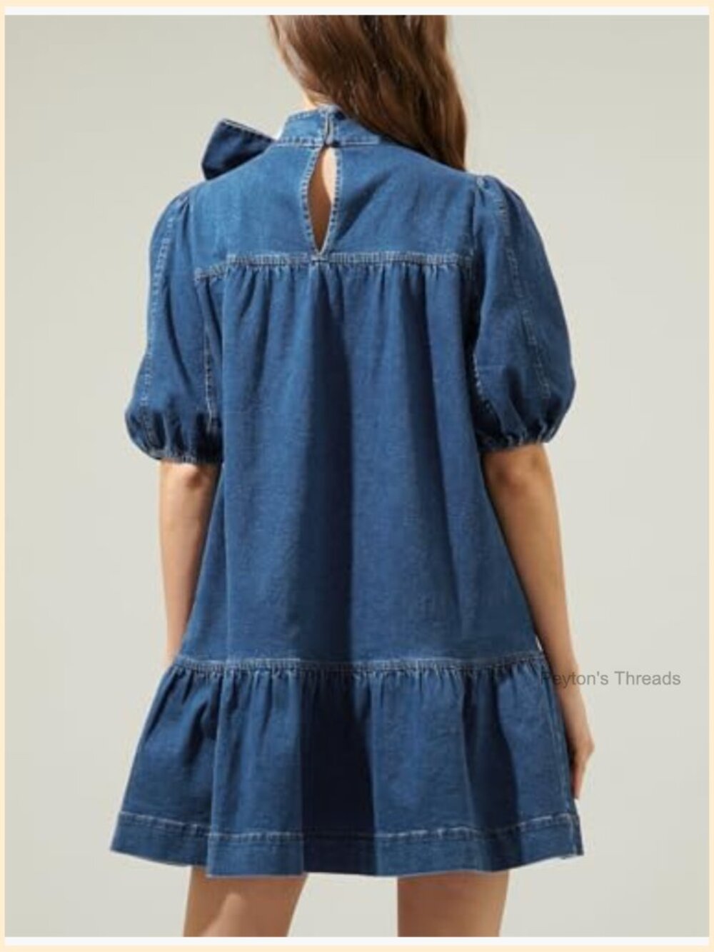Puff Short Sleeve Denim Dress Mock Neck Babydoll Shift Dress with Bow - Picture 2 of 7